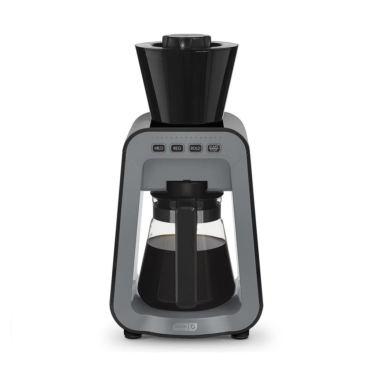 A Dash brand coffee maker with a glass carafe and digital settings.