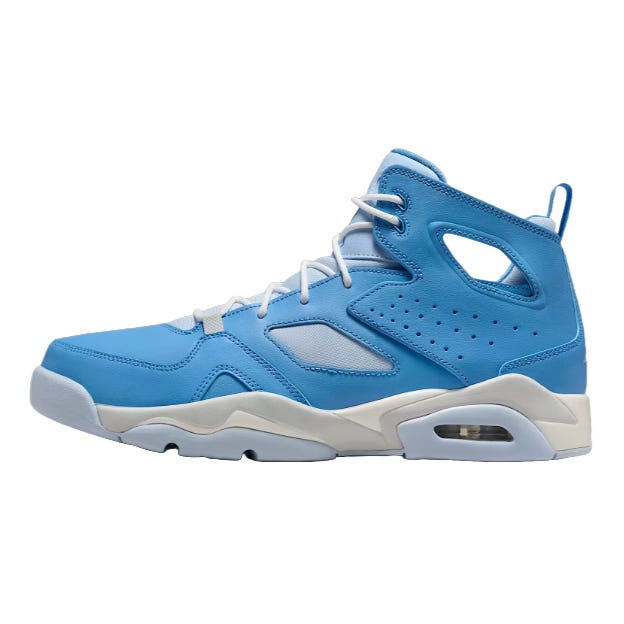 Blue high-top sneaker featuring white laces, a cushioned white midsole with an air unit, and a blue upper with perforations and cutout details.