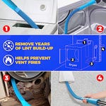A dryer vent cleaning kit with a long flexible brush for removing lint build-up, which helps prevent vent fires; illustrated with before and after usage images and a diagram.