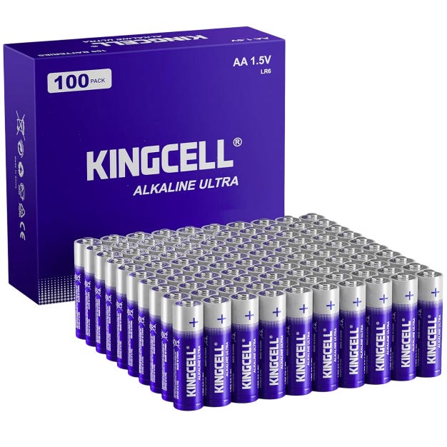 Pack of 100 KINGCELL Alkaline Ultra AA 1.5V batteries, arranged neatly in front of a purple box.