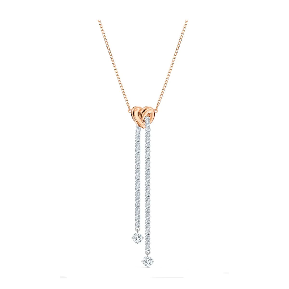 Rose gold knot pendant on a chain with two dangling silver strands, each ending in a diamond.