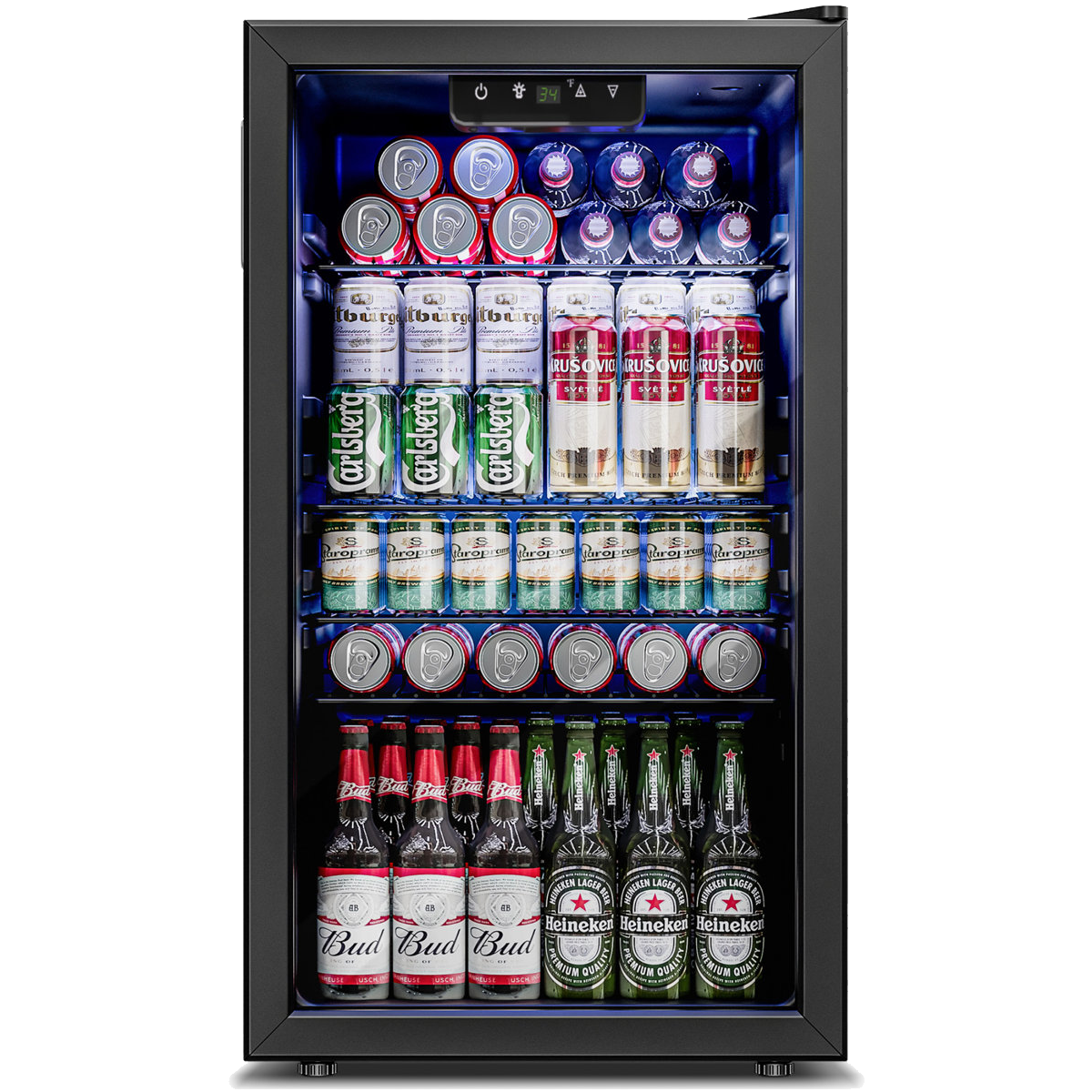 A mini fridge displaying an assortment of beverages, including Budweiser, Heineken, Carlsberg, and various cans of beer and soda. It features a glass door, black trim, and LED lighting to highlight the items inside.