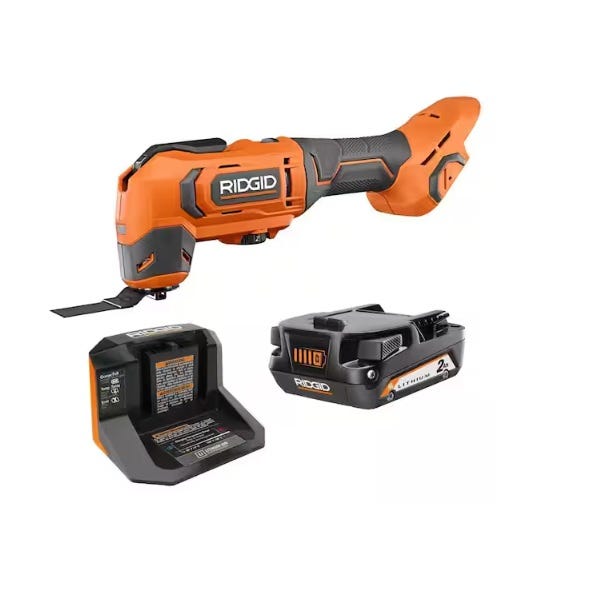 RIDGID cordless oscillating multi-tool kit with a battery and charger included.