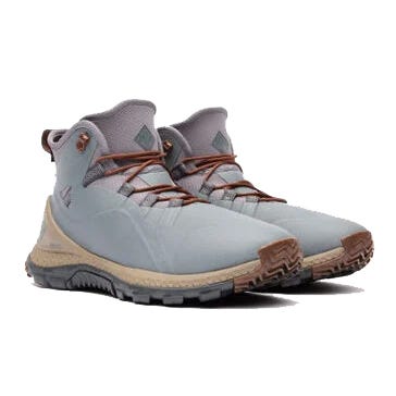Muck Men's Waterproof Hiking Boots are gray with brown accents, featuring a high-top design and rugged sole for enhanced traction. Ideal for outdoor activities in wet conditions.