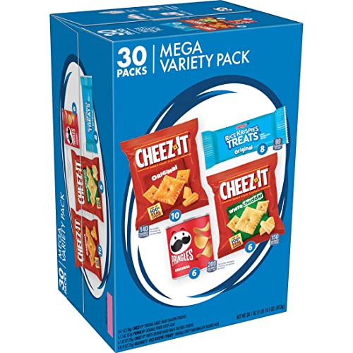 A box of Kellogg's Mega Variety Pack featuring Cheez-It crackers, Pringles, and Rice Krispies Treats.