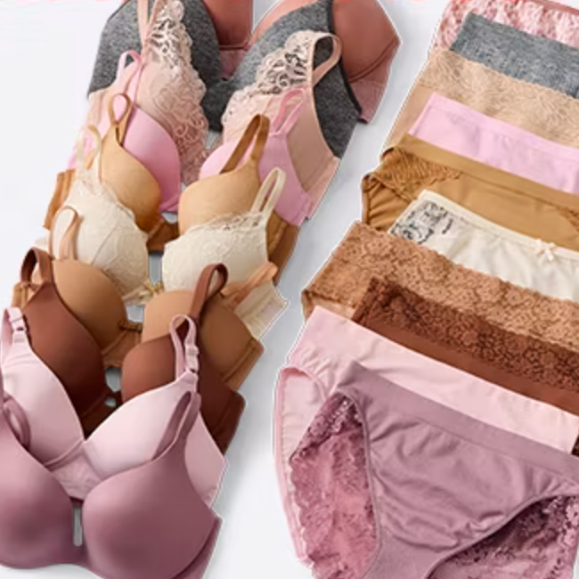 Assorted bras and panties in various colors and styles, some featuring lace detailing.