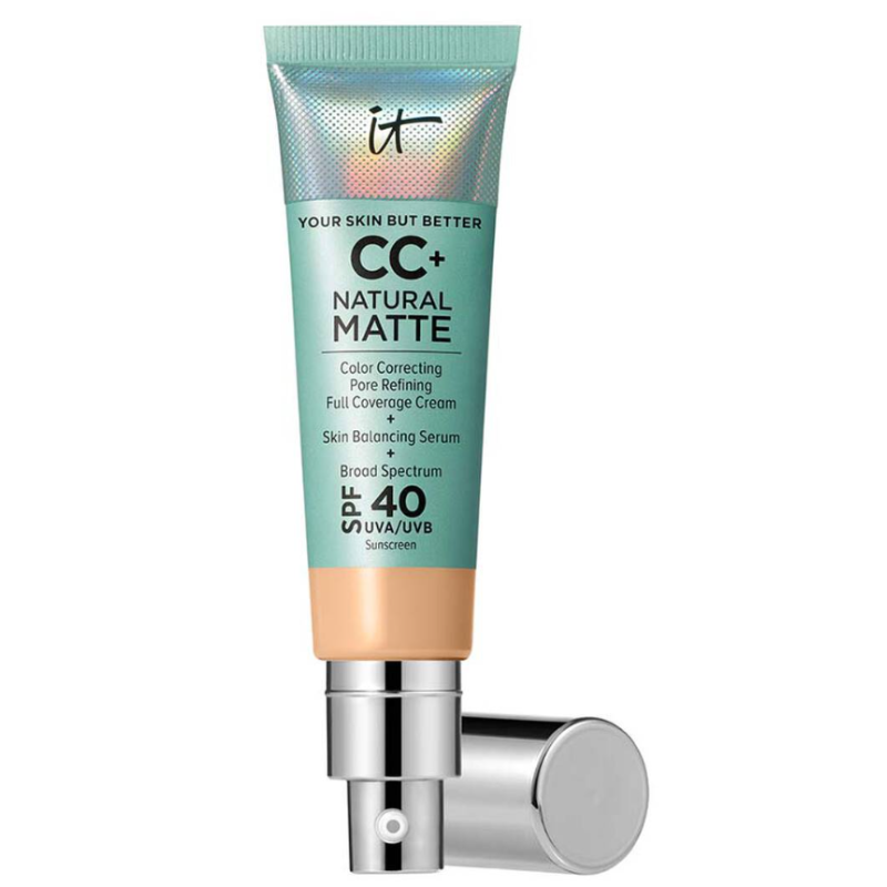 IT Cosmetics CC+ Natural Matte Foundation is a color correcting, pore refining, full coverage cream with skin balancing serum and SPF 40 UVA/UVB protection.