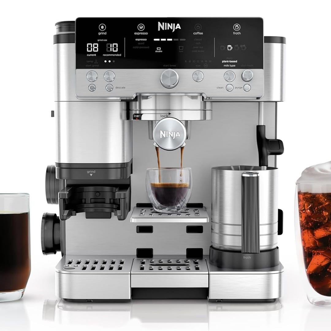 Ninja specialty coffee machine with a digital display, grinder, espresso and coffee options, frothing capability, and various controls.