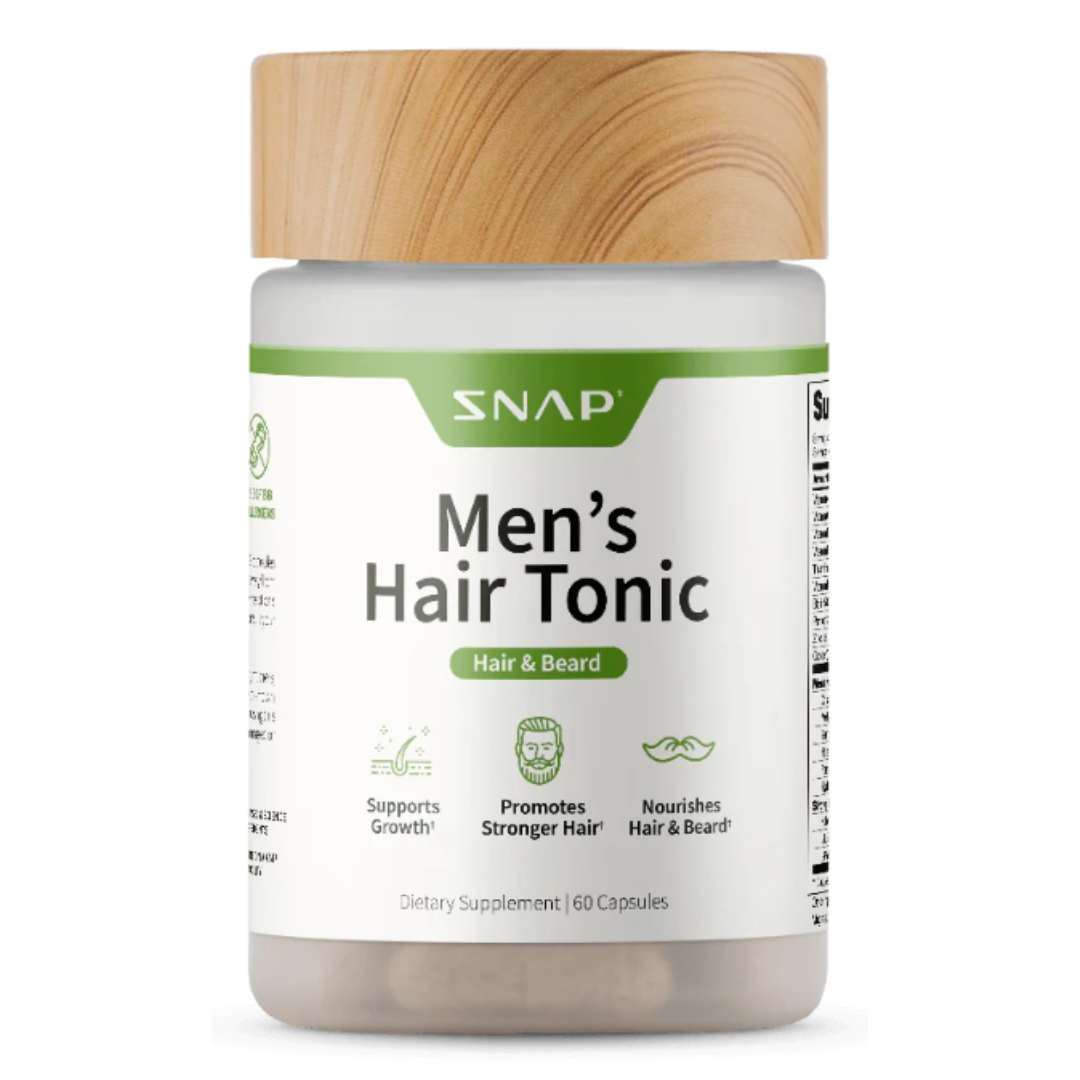 SNAP Men's Hair Tonic contains 60 capsules designed to support growth, promote stronger hair, and nourish hair and beard. The jar features a wooden cap and green accents.