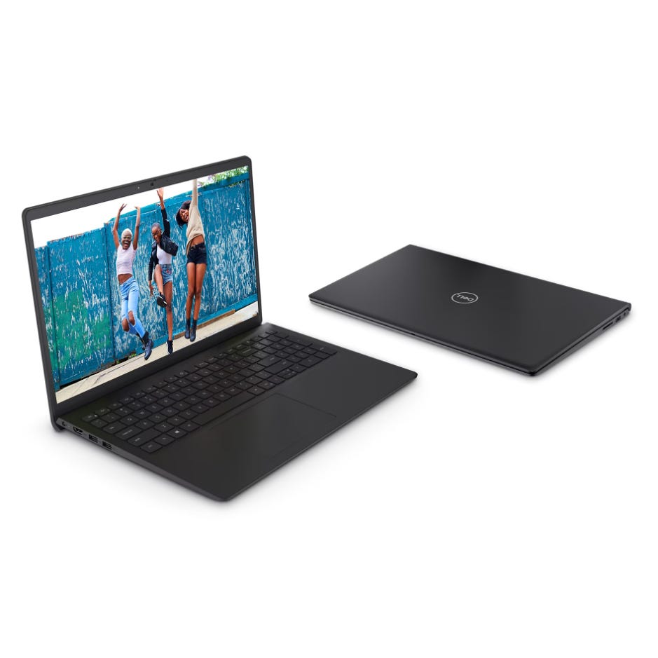 Two Dell laptops, one open with a display screen visible and the other closed, both in black color.