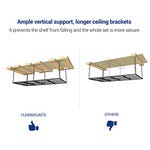 Comparison of two overhead garage racks, highlighting the left one as having better vertical support and longer ceiling brackets for enhanced stability.