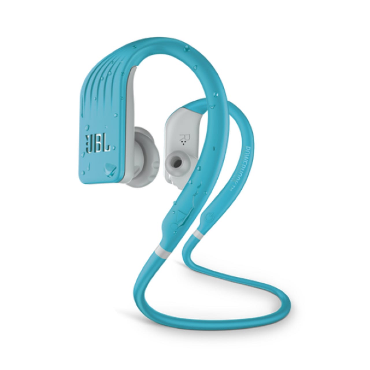 Blue wireless in-ear sport headphones with a hook over the ear for stability.