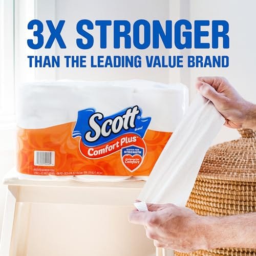A pack of Scott ComfortPlus Toilet Paper, advertised as 3x stronger than the leading value brand, being held by a person.