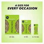 Three different-sized packages of Wonderful Pistachios, Roasted & Salted, are displayed: 24 oz., 6 oz., and 0.75 oz.