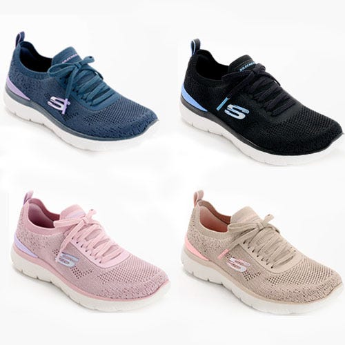 Four pairs of Skechers sneakers in different colors: navy/purple, black/blue, pink, and beige.