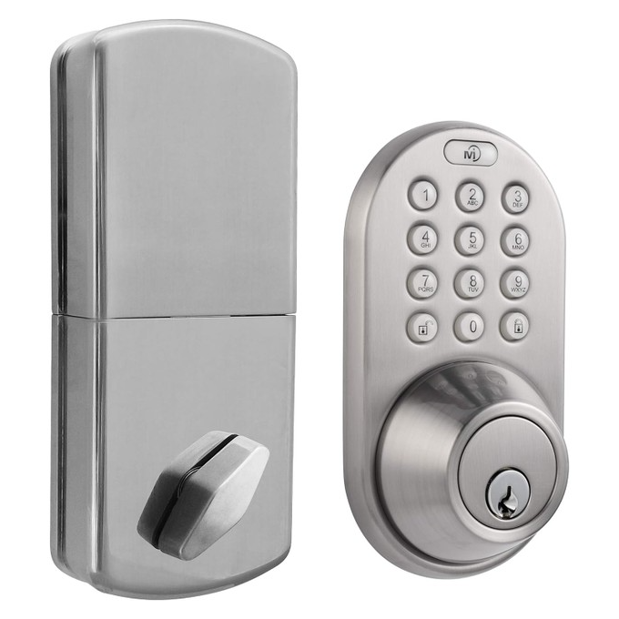 The MiLocks Keyless Electronic Deadbolt features a brushed metal finish with a numeric keypad for code entry, accompanied by a turn knob on the interior side for manual operation.