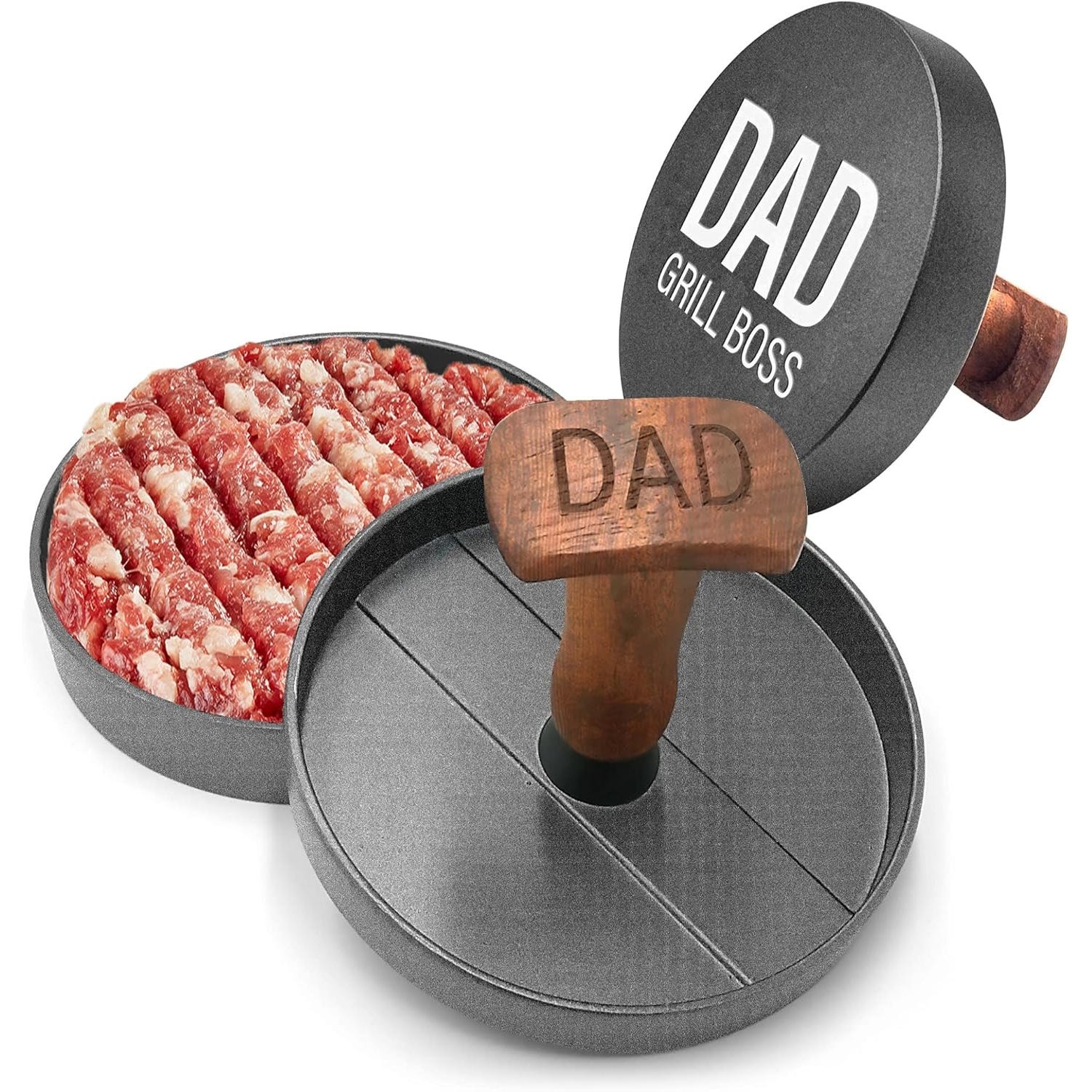 A round grill press labeled \“Dad Grill Boss\“ with a wooden handle stamped \“DAD.\“ It is shown alongside a round meat patty mold filled with ground meat.