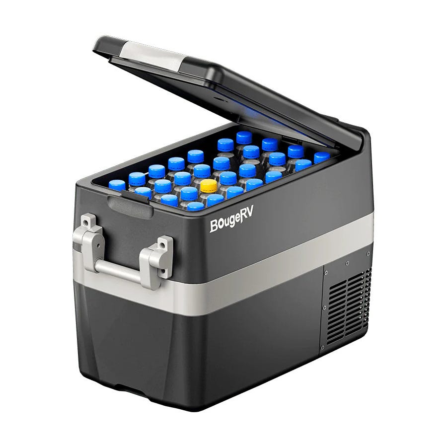 A portable refrigerator filled with bottled beverages, with some having blue caps and others yellow.