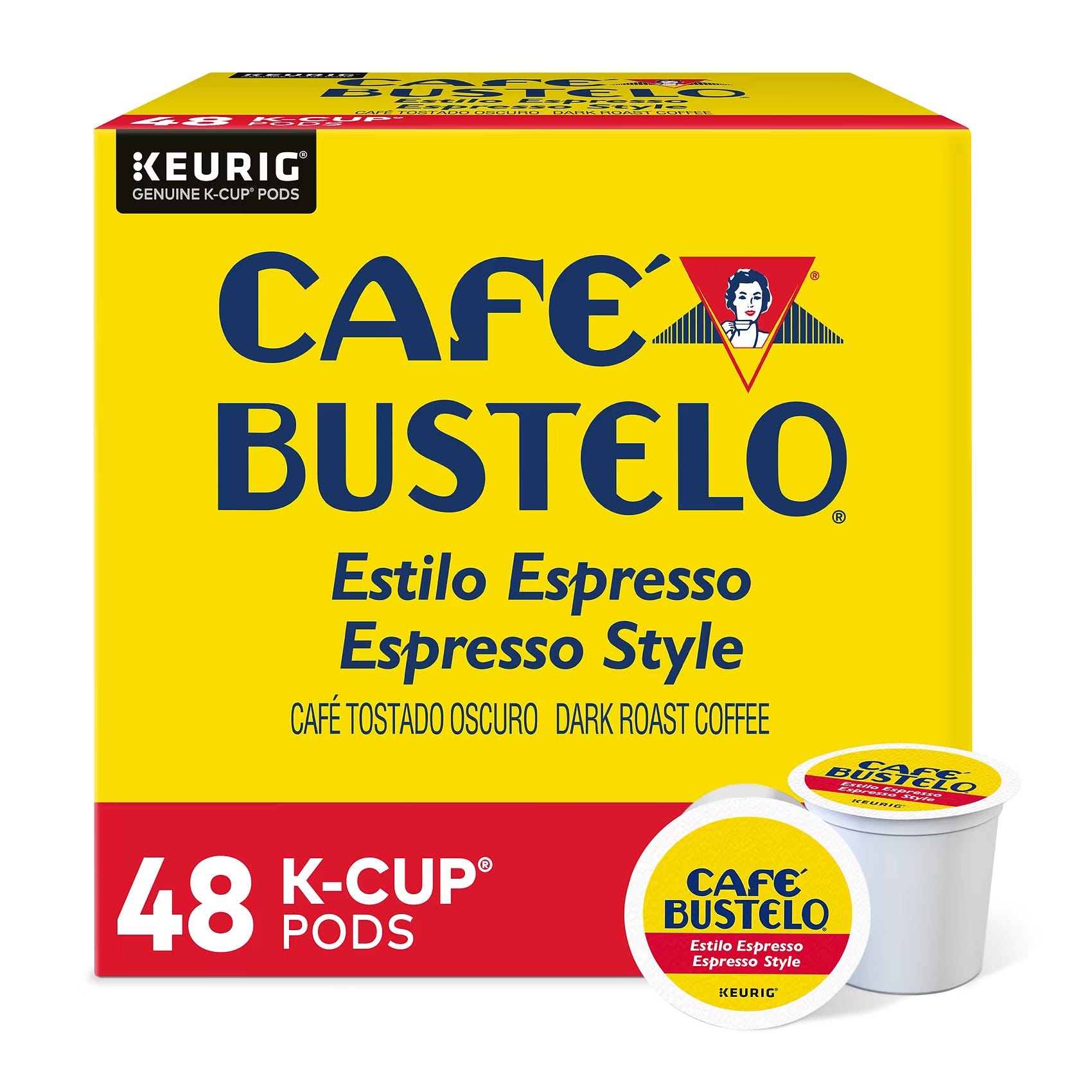 Café Bustelo Espresso Style K-Cup Pods, compatible with Keurig machines, dark roast coffee, 48-count box.