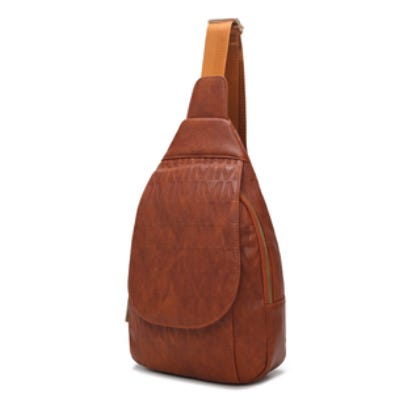 A brown leather sling bag with a single adjustable strap and a zippered side pocket.