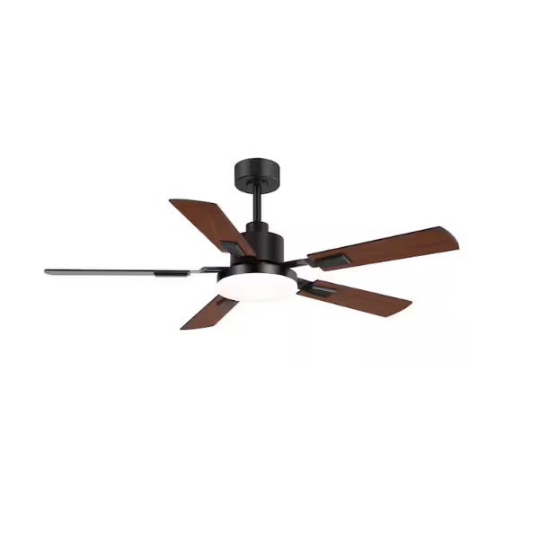 Ceiling fan with a modern design featuring five wooden blades and an integrated central light, mounted on a drop rod.