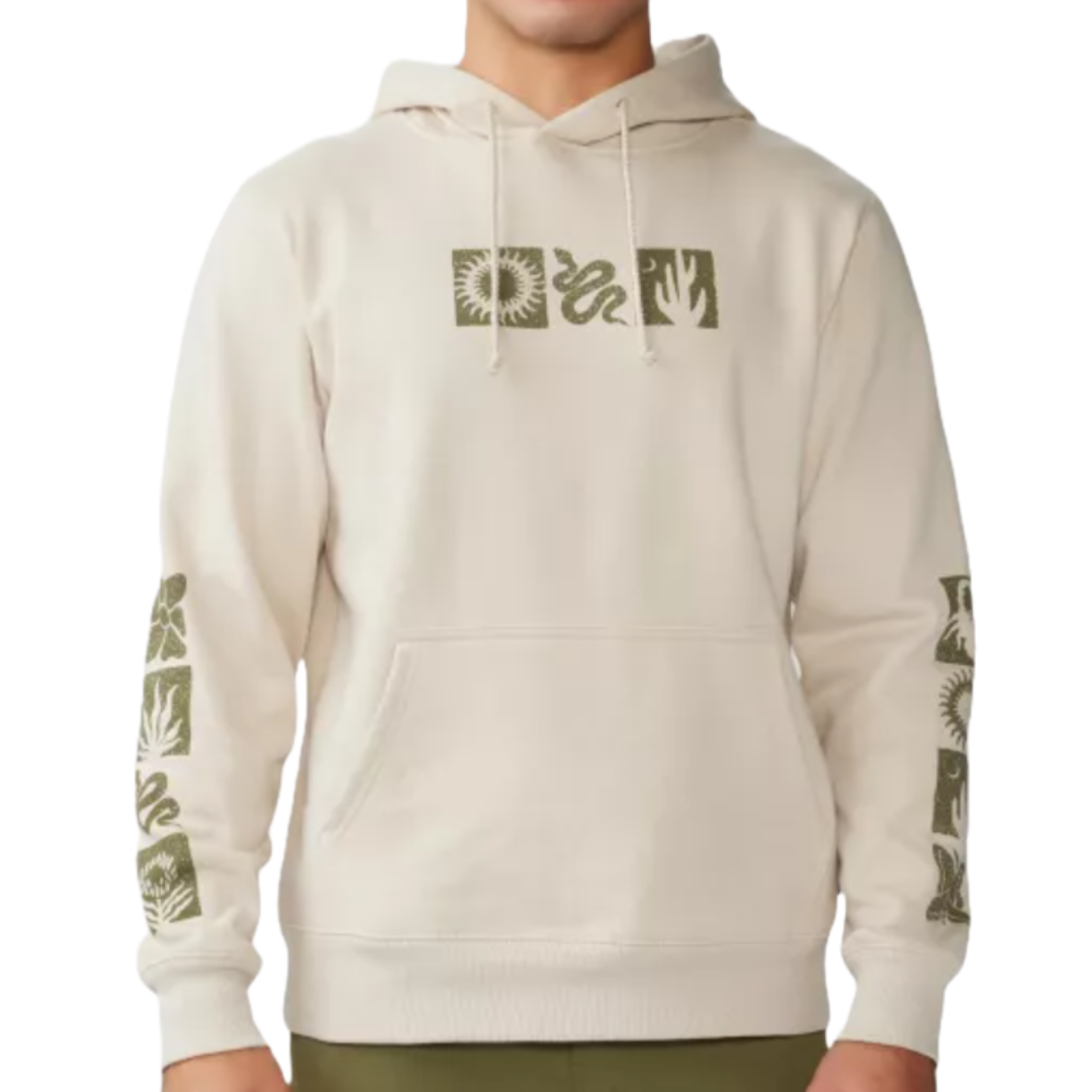 Marmot Desert Check Hoody is a beige hoodie with olive green graphic designs, featuring symbols like a sun, snake, and hand on the chest and sleeves. It includes a front pocket and drawstring hood.
