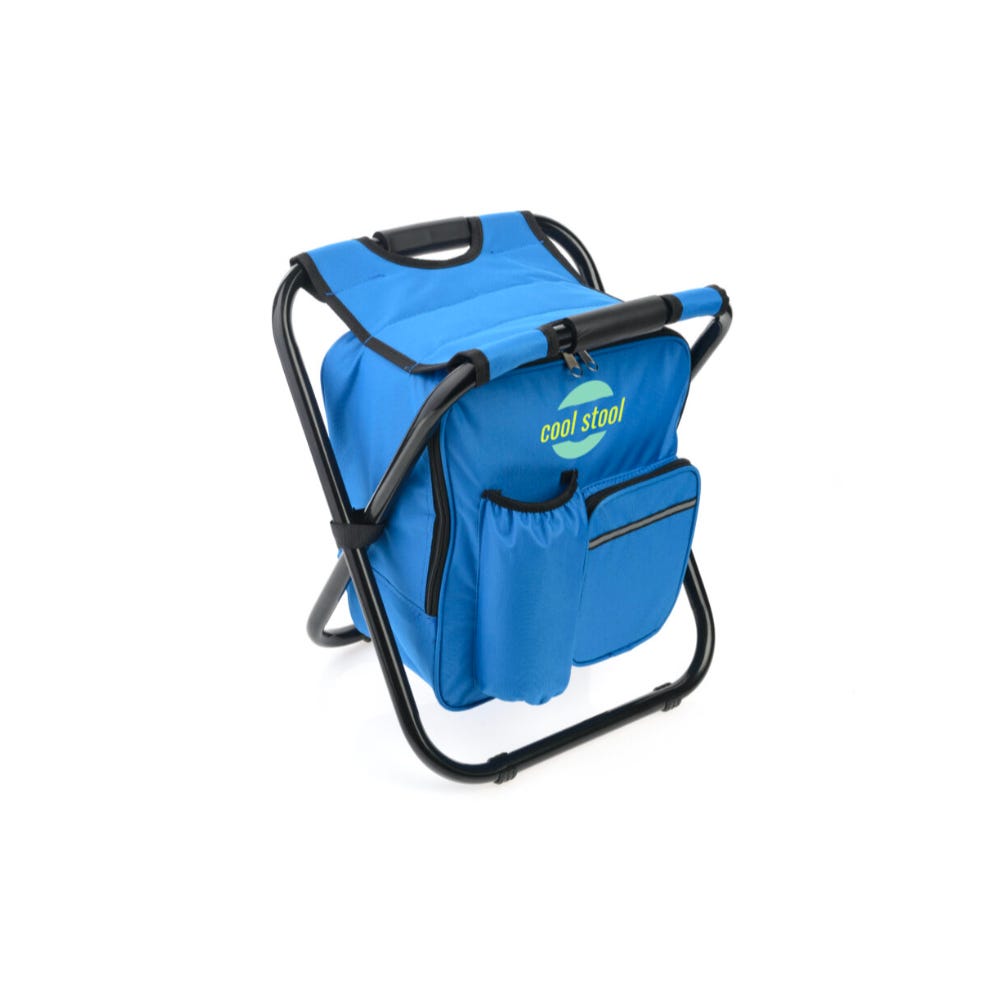 A blue insulated cooler bag with built-in folding chair and multiple external pockets.
