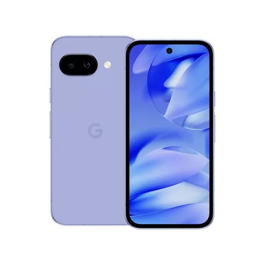 Light purple smartphone with a dual rear camera and flash, featuring a screen with a centered hole-punch selfie camera. The Google \“G\“ logo is visible on the back.