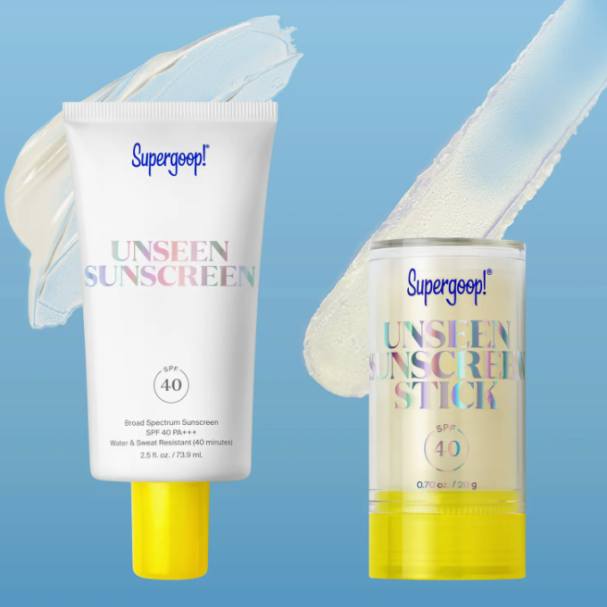 Supergoop! Unseen Sunscreen cream and stick, both SPF 40, water and sweat resistant.