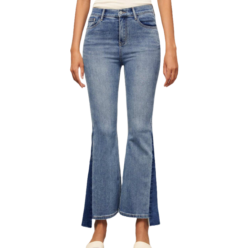 High-waisted, light blue denim jeans with a spliced flare design and contrasting dark denim panels at the lower legs.