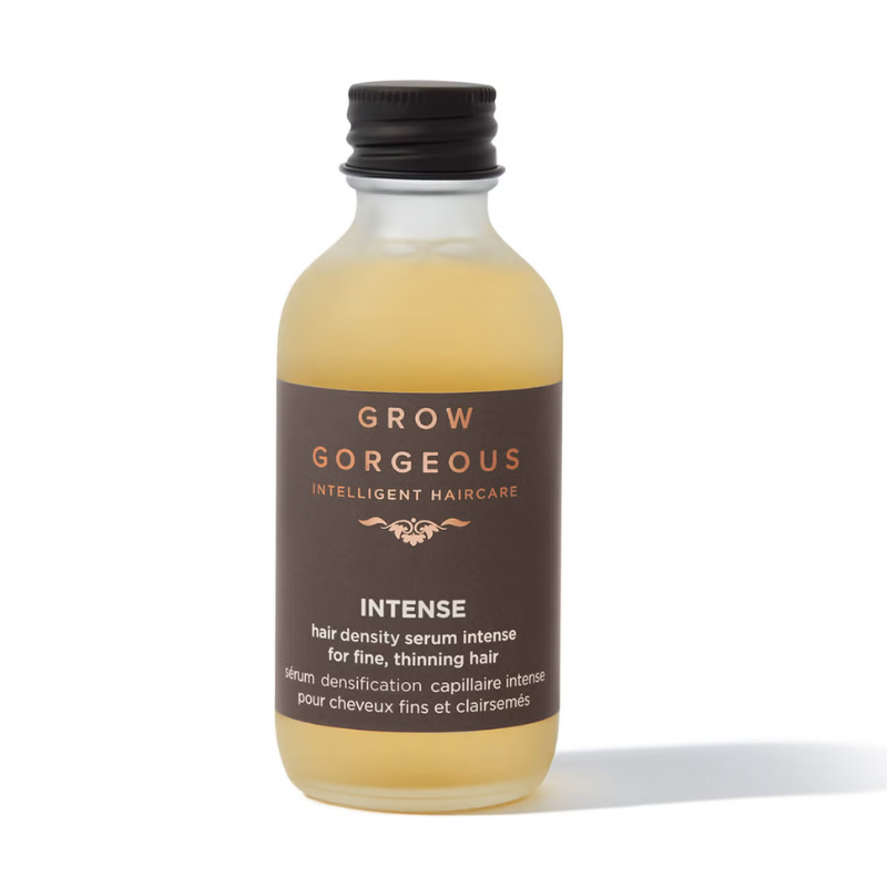 Grow Gorgeous Hair Density Serum Intense is designed for fine, thinning hair, aiming to enhance volume and density. It features a brown label with gold and white text on a clear bottle containing a light amber liquid.