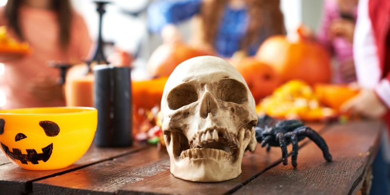 skull halloween decor on table