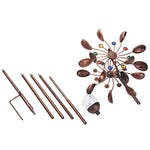 Copper-colored metal wind spinner with two layers of petals and multicolored glass balls, accompanied by assembly rods and a solar LED globe.