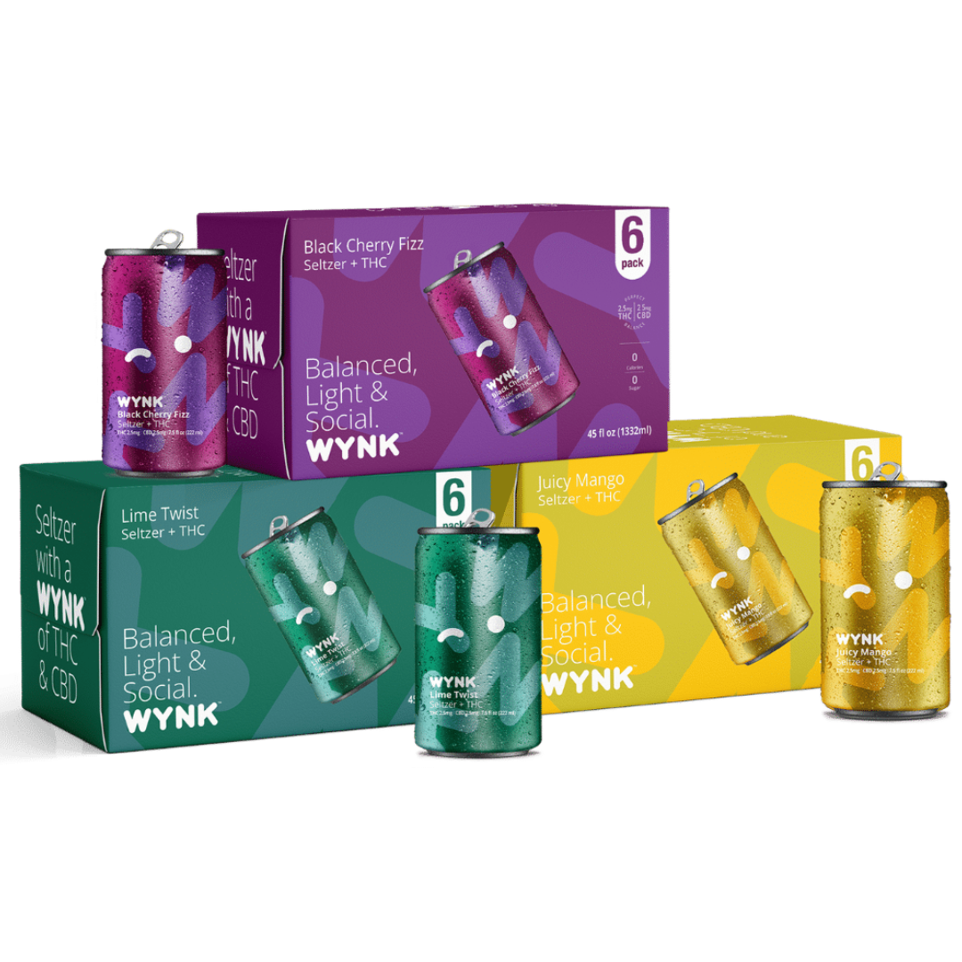 Cans and boxes of WYNK seltzer drinks in three flavors: Black Cherry Fizz, Lime Twist, and Juicy Mango, some with THC and CBD infusions.