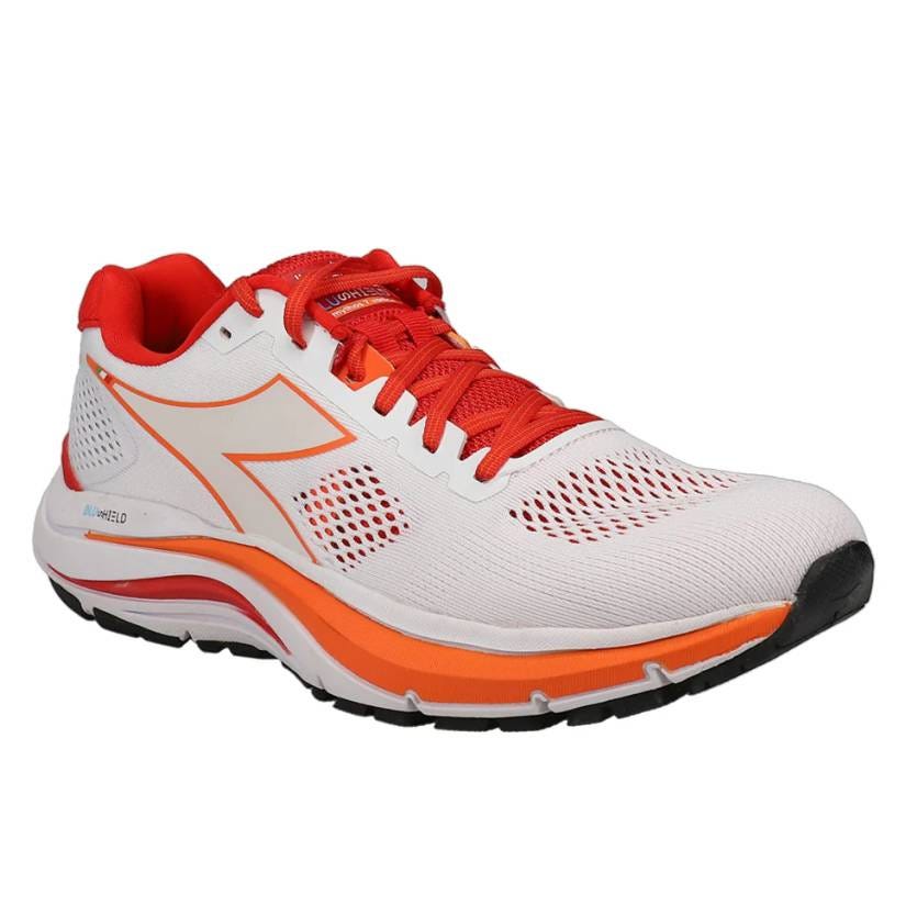 White and red athletic shoe with orange accents, featuring mesh ventilation, thick cushioning, and a durable black outsole. Ideal for running or sports activities.