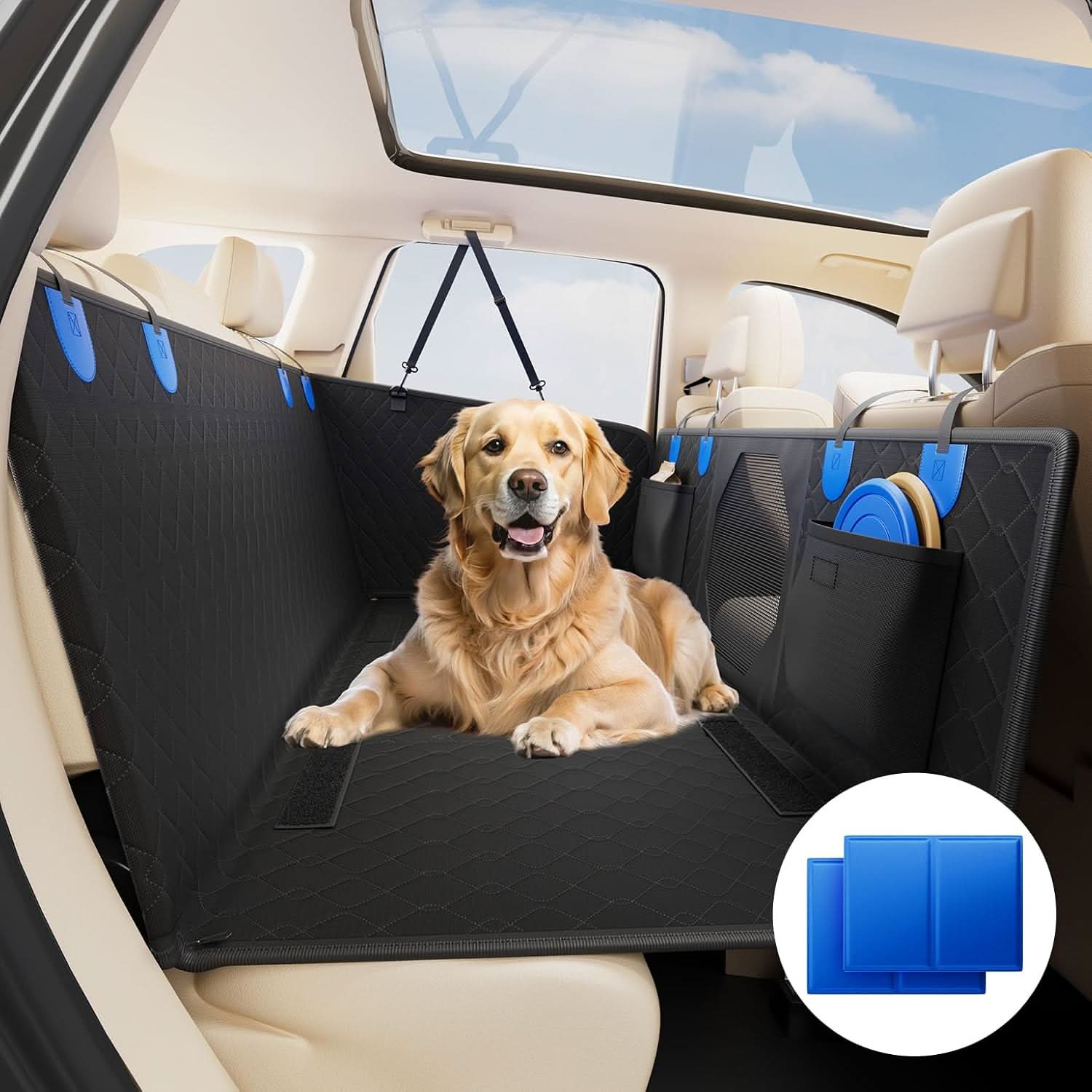 A black quilted car pet seat cover is shown, designed for the rear seat with pockets and blue attachments. Includes a blue cooling mat for pets, providing comfort and protection during car rides.
