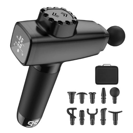 A black massage gun with an LCD screen and adjustable speed settings is displayed alongside eight various massage heads and a carrying case.