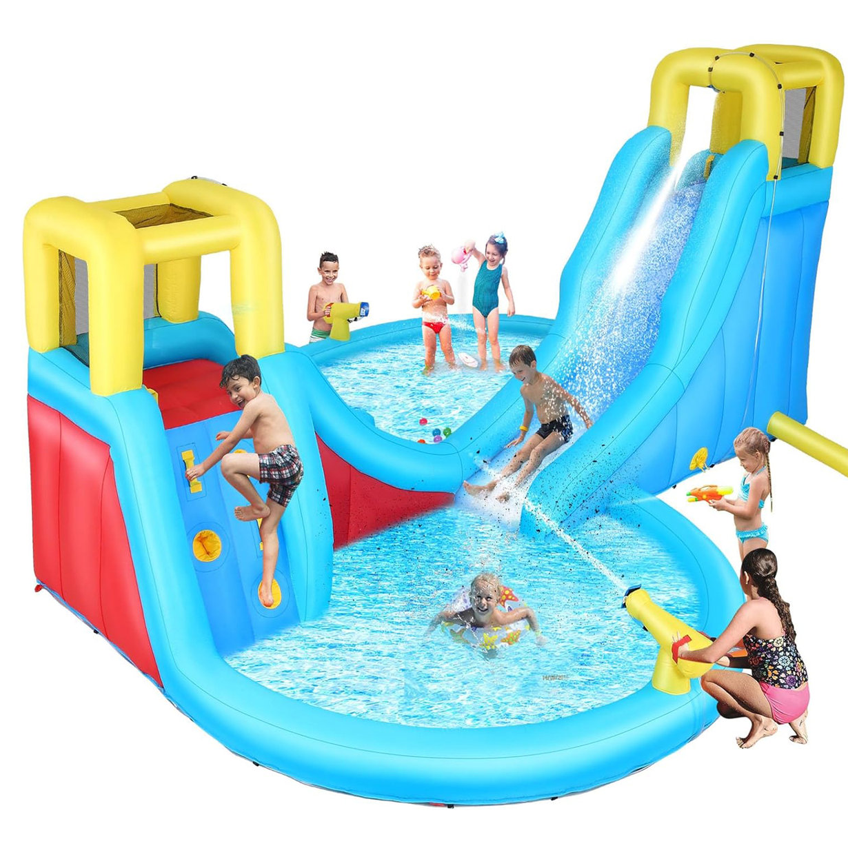 Inflatable water play structure with climbing wall and dual slides leading into a shallow pool, featuring kids engaged in various water activities.