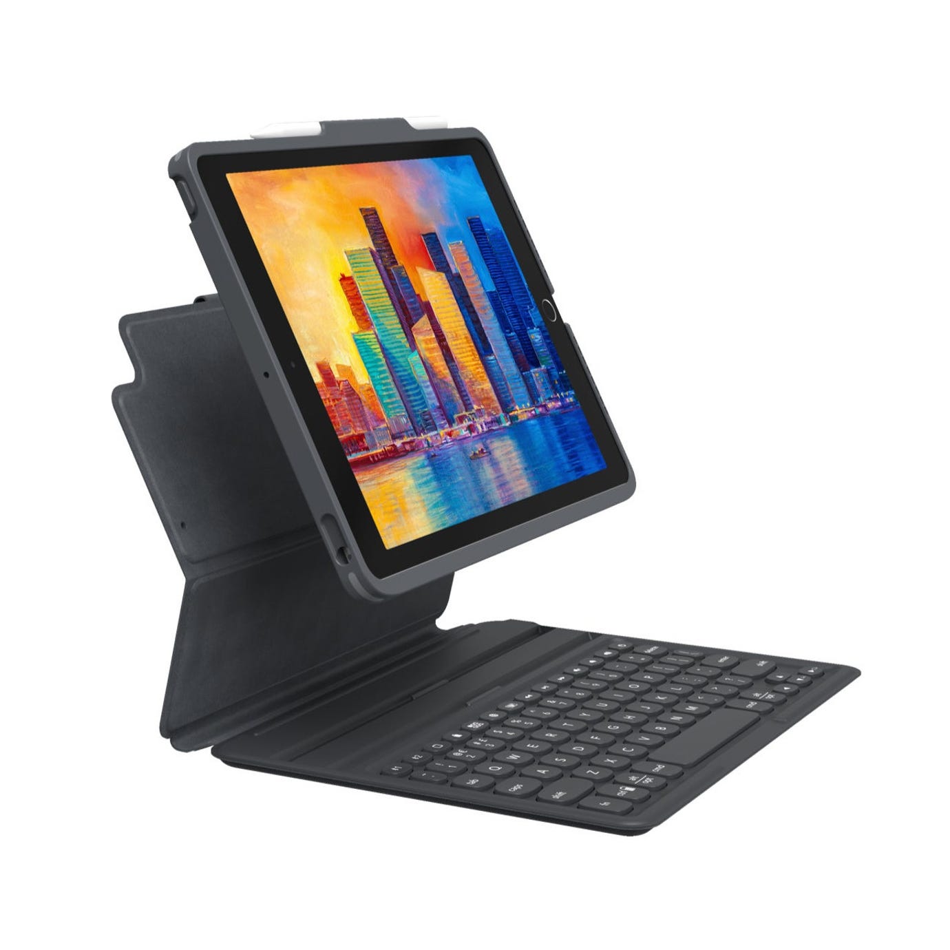 A Zagg keyboard case for an iPad, featuring a detachable black keyboard and an adjustable stand for the tablet.