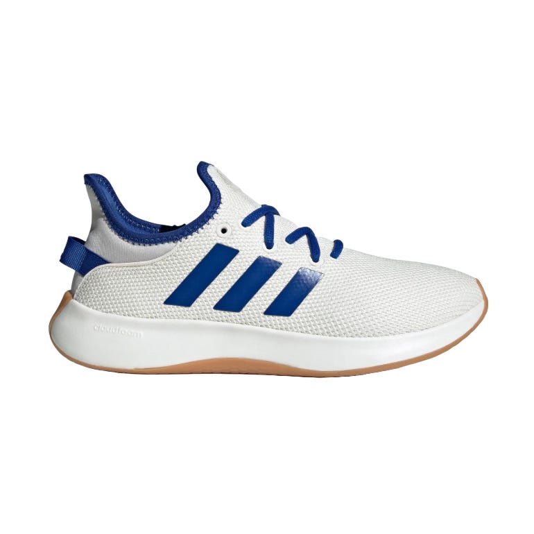 White athletic shoe with blue stripes and a white midsole featuring Cloudfoam technology.