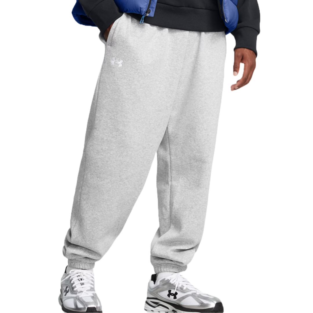 Gray Under Armour sweatpants paired with white and gray Under Armour sneakers.