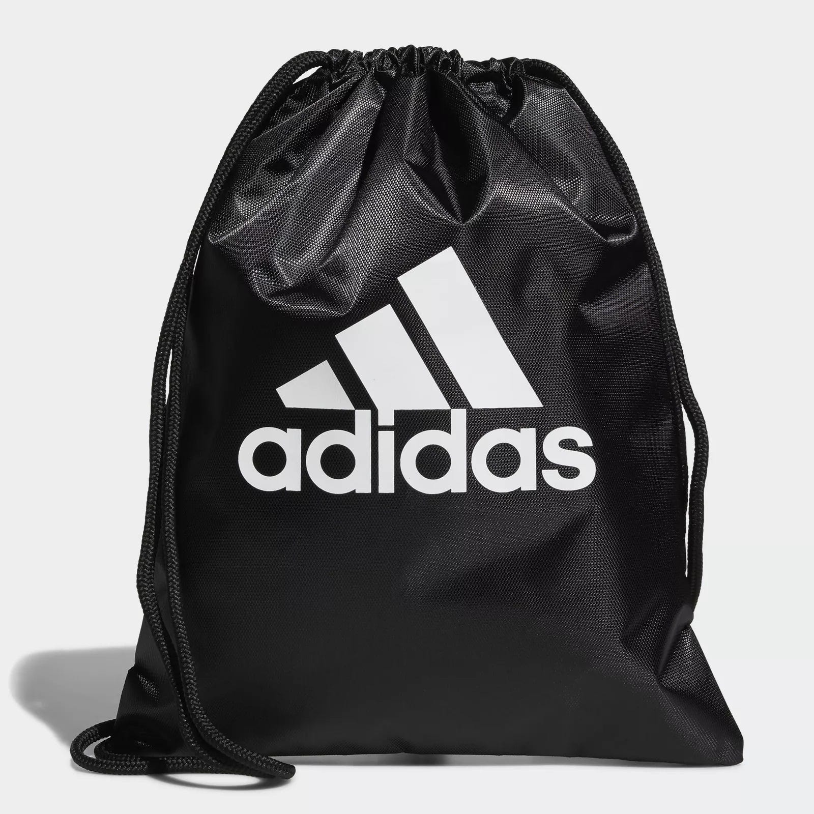 Black Adidas drawstring bag with white logo.