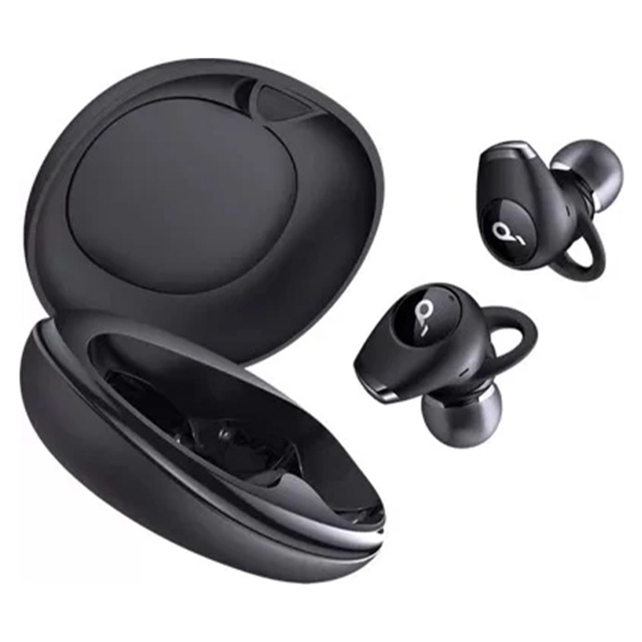 Wireless earbuds with hooks for secure fit and a charging case, all in black.