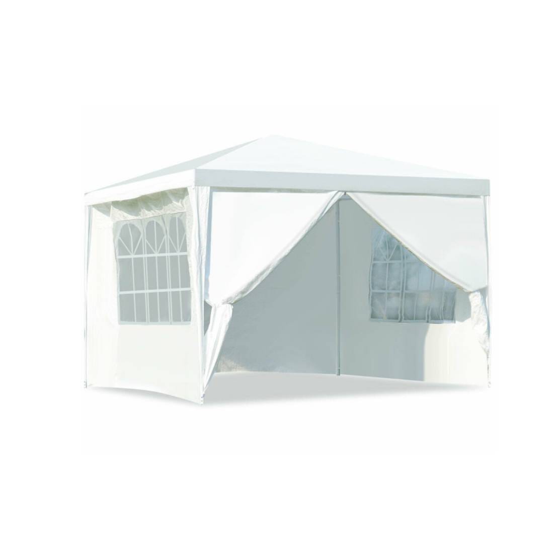 White canopy tent with windows, suitable for outdoor events.