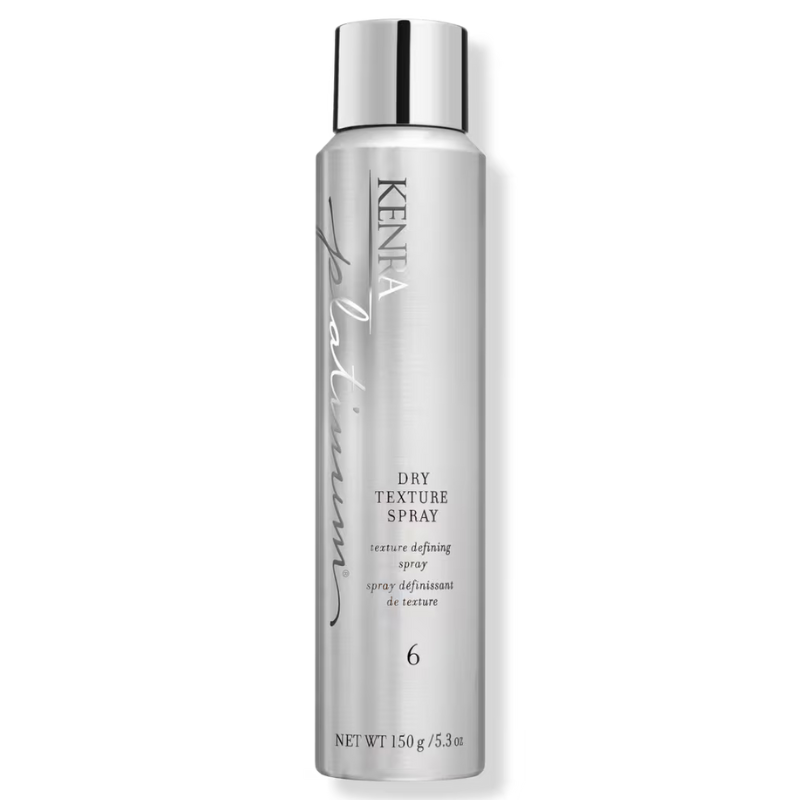 Kenra Platinum Dry Texture Spray 6 is a texture-defining spray designed to add volume and style. The can is silver with a net weight of 150g (5.3 oz).