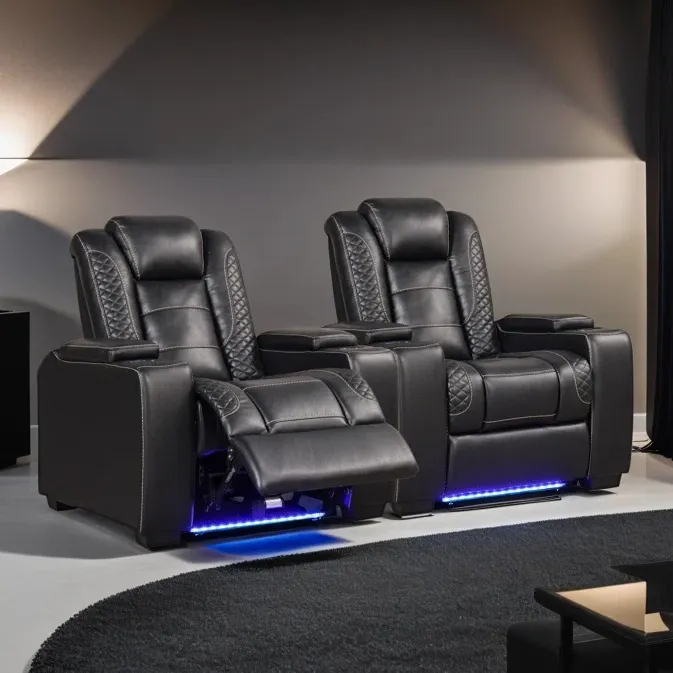 Three black leather recliner chairs with footrests extended and blue underlighting.