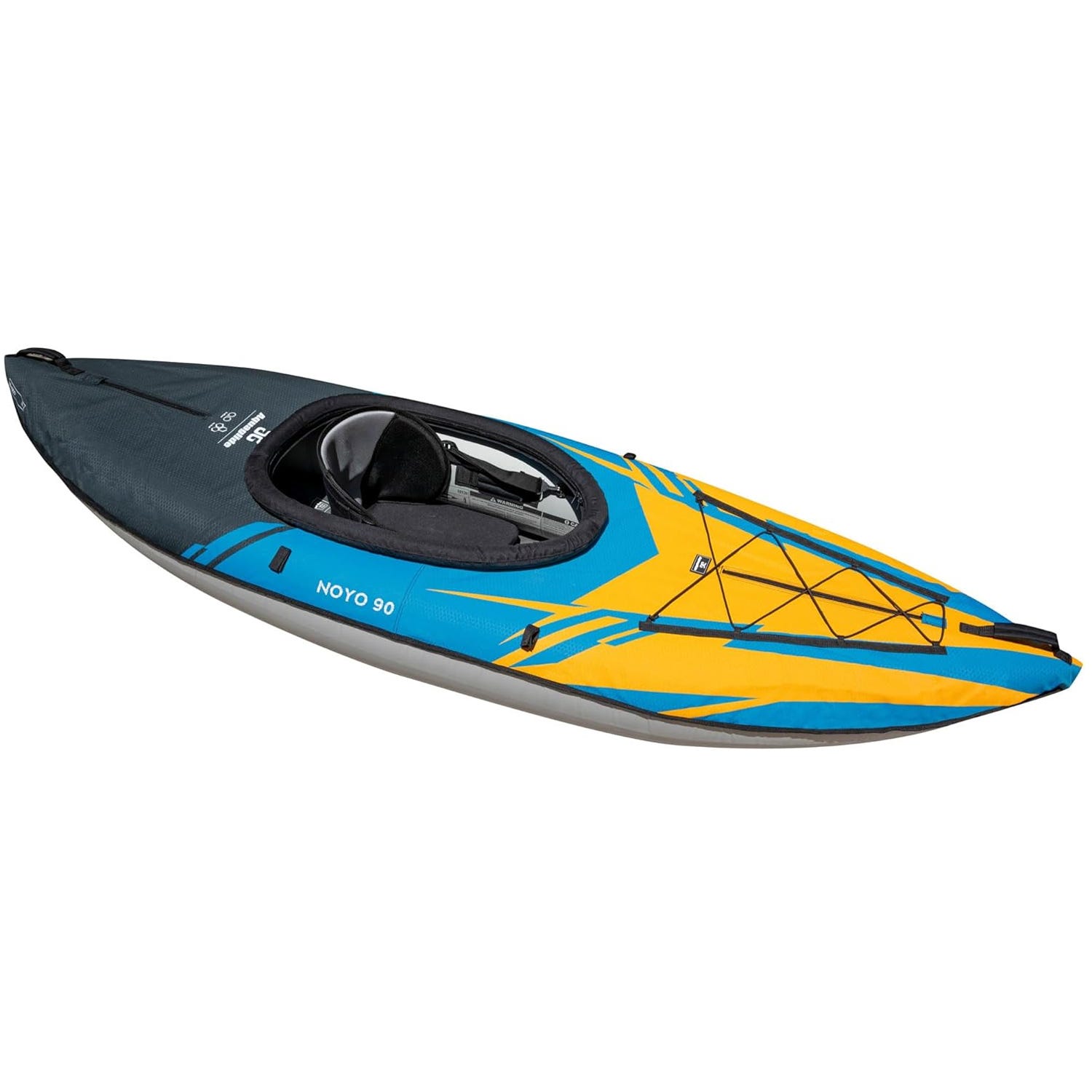 Inflatable kayak with a blue and yellow design, featuring a closed cockpit, adjustable seat, and bungee storage on deck.