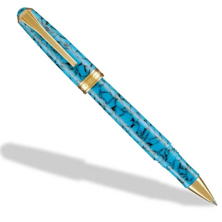 A turquoise pen with a marbled pattern and gold accents, featuring a clip and a medium-sized body design.