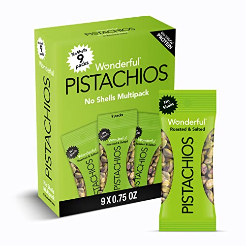 A box of Wonderful Pistachios No Shells Multipack containing 9 individual packs of roasted and salted pistachios, with each pack weighing 0.75 ounces.