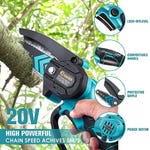 A handheld cordless chainsaw kit highlighted for its 20V power motor, high chain speed of 5 m/s, protective baffle, comfortable handle, and a lock-off level.